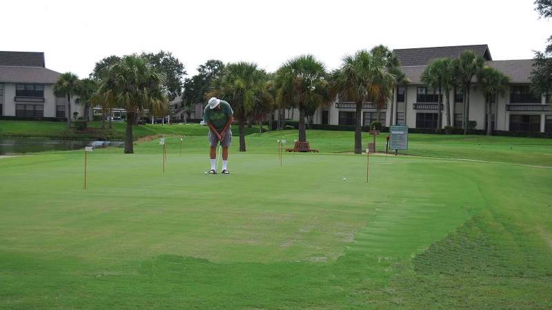 018 - A golfer practices putting on a green with several holes, flags, and a water hazard in the background, surrounded by Vista Plantation residential buildings_